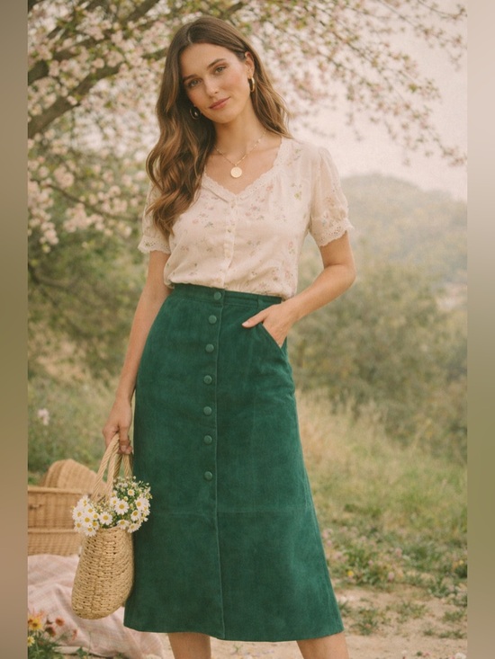 Other Dresses & Skirts - Vintage P.E. Canada Emerald Suede Leather Midi Skirt Made in Canada